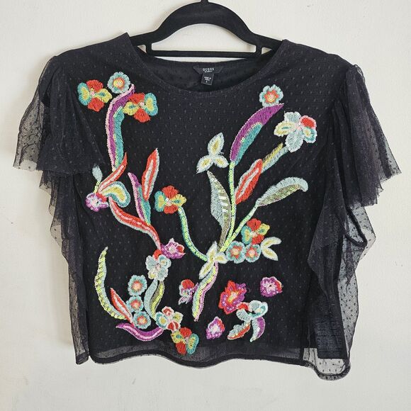 Guess Embroidered Top Sz L Whimsy Goth Fairy Grunge Flutter Sleeve Boxy Crop Top - Picture 11 of 11